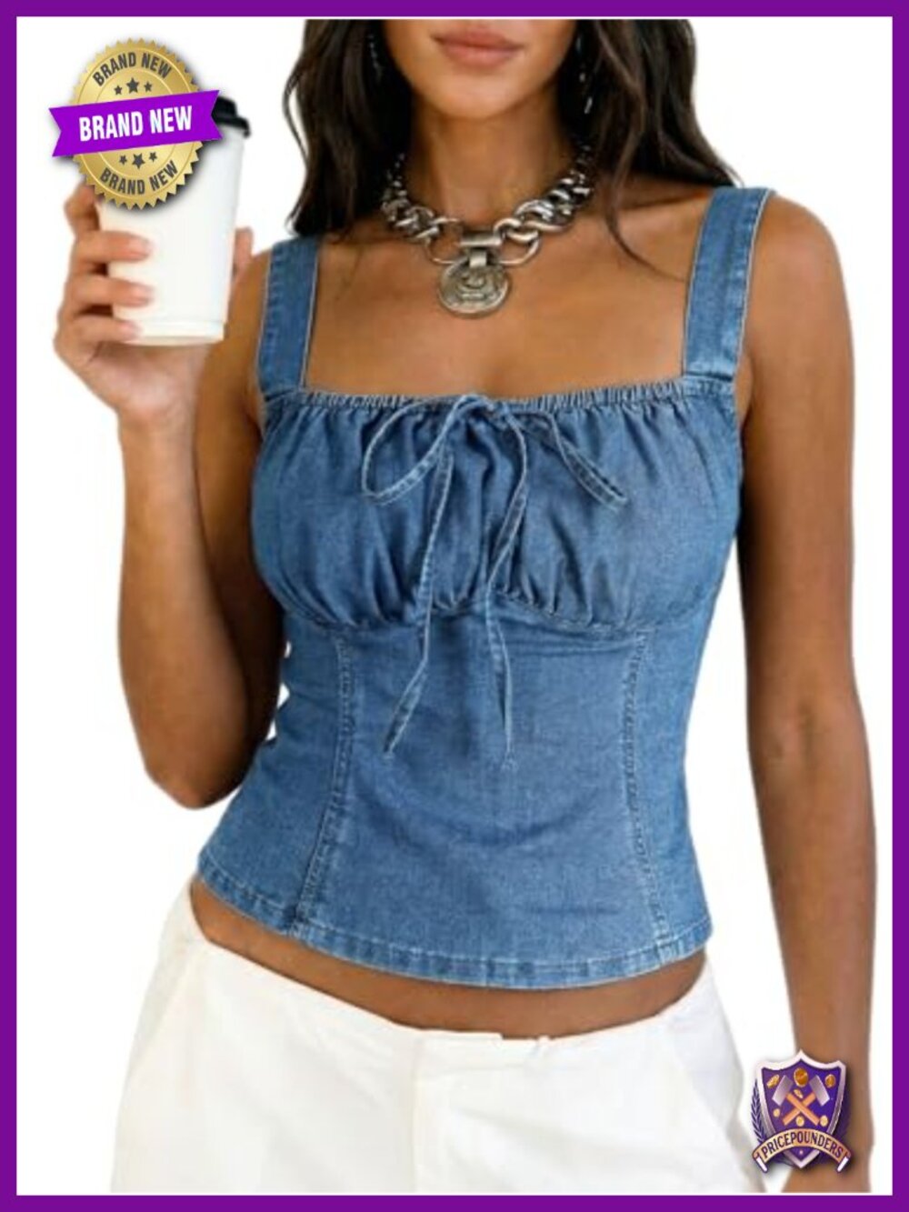 Denim Corset Top Women Jean Vest Square Neck Smocked Back